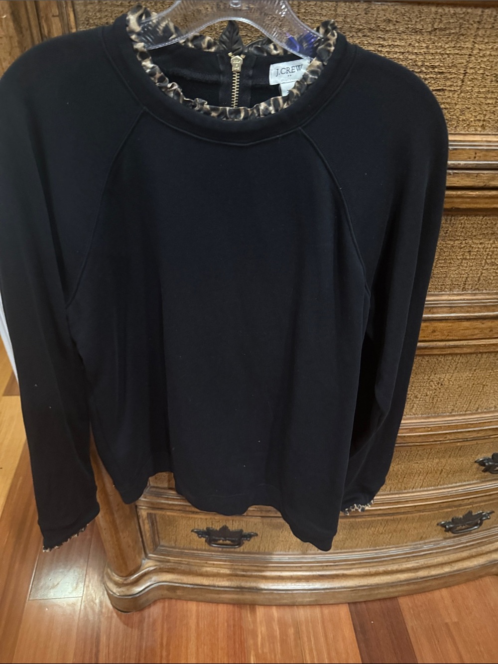 J. Crew Black Sweatshirt with Leopard-Trim Collar and Cuffs